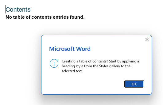 Automated blank table of contents in Word